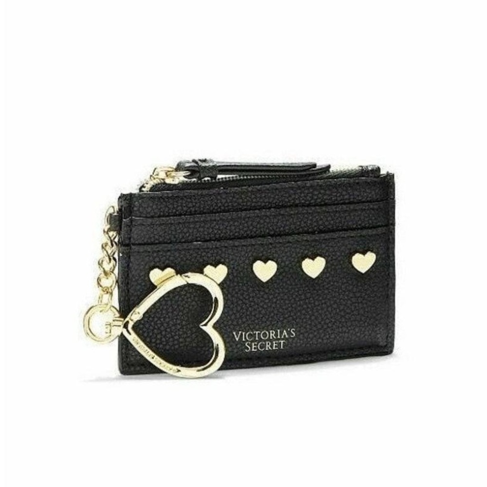 Victoria's Secret Black Heart Stud 4 Slots Credit Card Case Zip Pocket Keychain